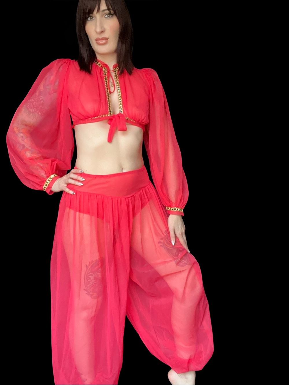 Vintage 1970's Hot Pink & Gold Belly Dancing Burlesque Costume - Picture 6 of 9